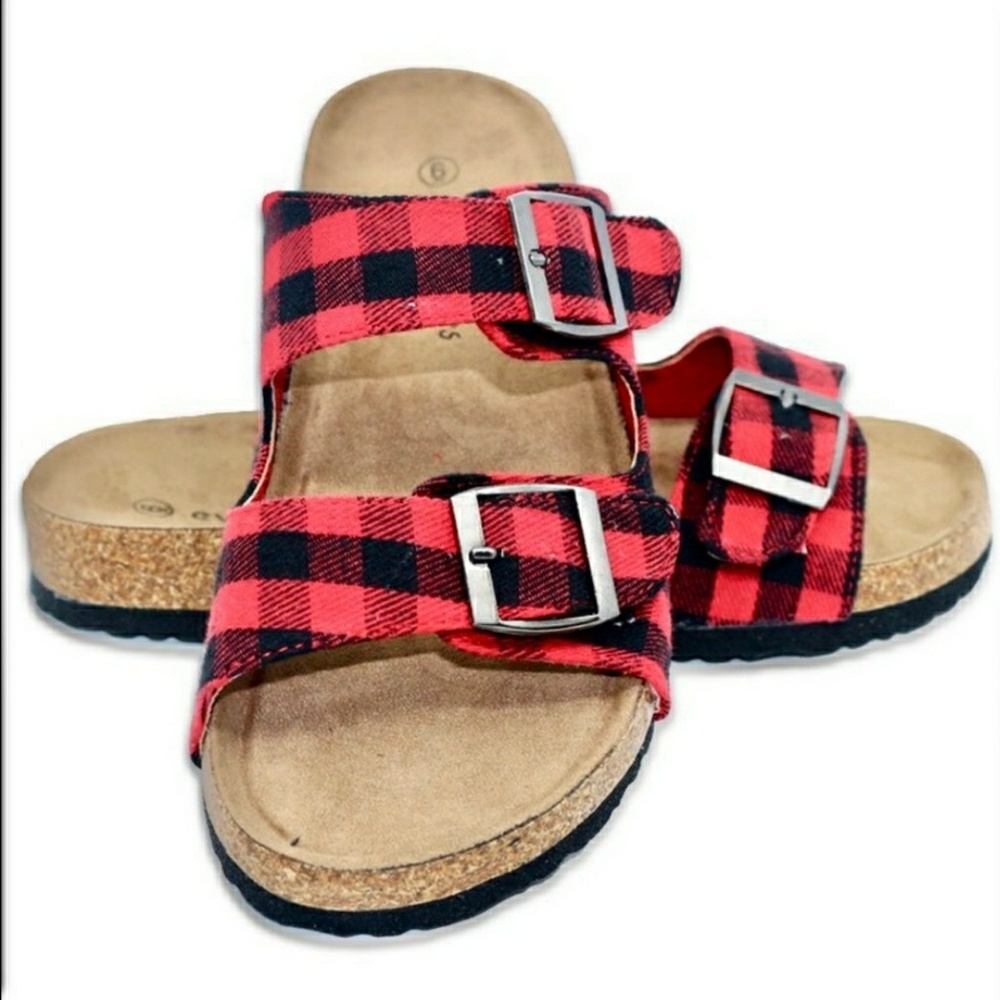 NIB cork footbed sandals with plaid